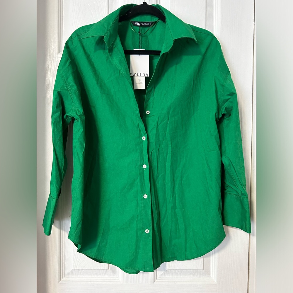 Zara Green Button-Down Long Sleeve Shirt
